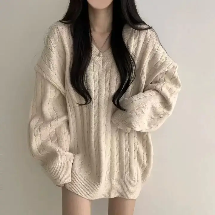 Women Cable Knit Sweater Grey Loose Lazy Autumn Winter — feature 6