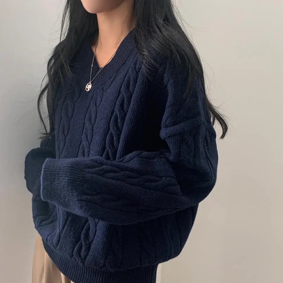 Women Cable Knit Sweater Grey Loose Lazy Autumn Winter — feature 7