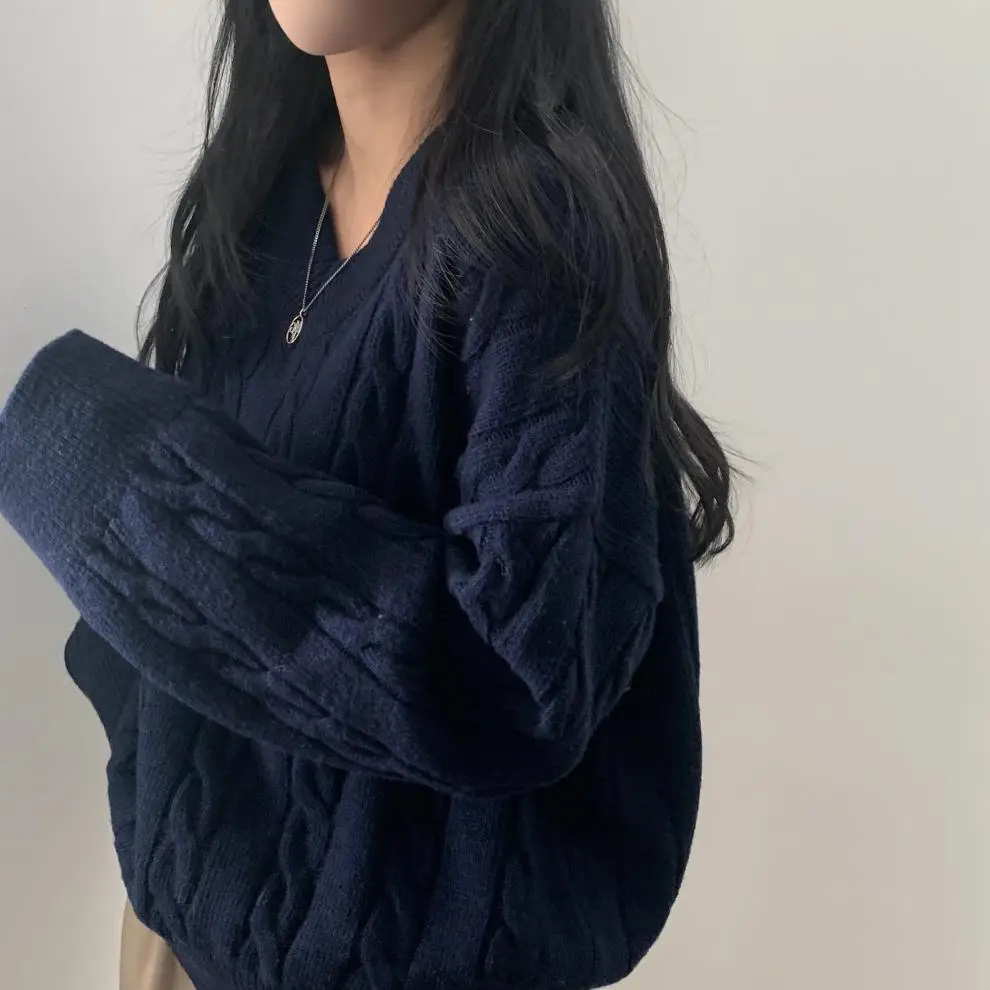 Women Cable Knit Sweater Grey Loose Lazy Autumn Winter — feature 8