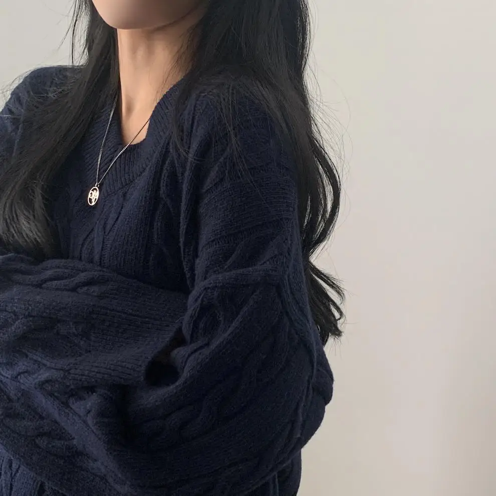 Women Cable Knit Sweater Grey Loose Lazy Autumn Winter — feature 9