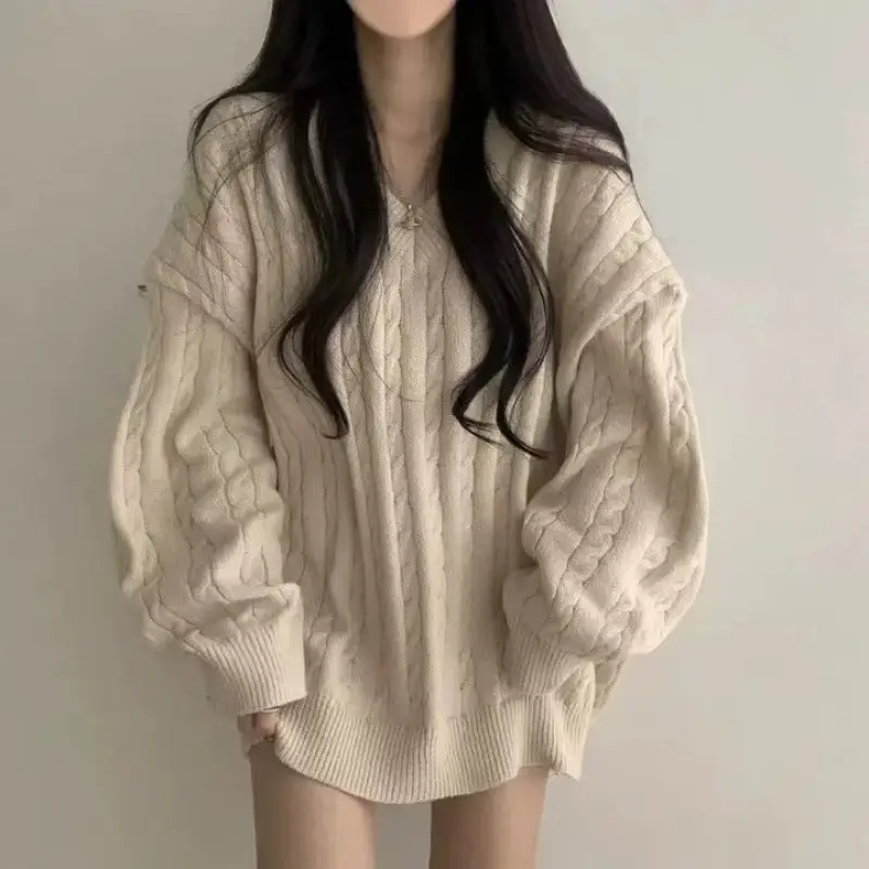 Women Cable Knit Sweater Grey Loose Lazy Autumn Winter - Image 2