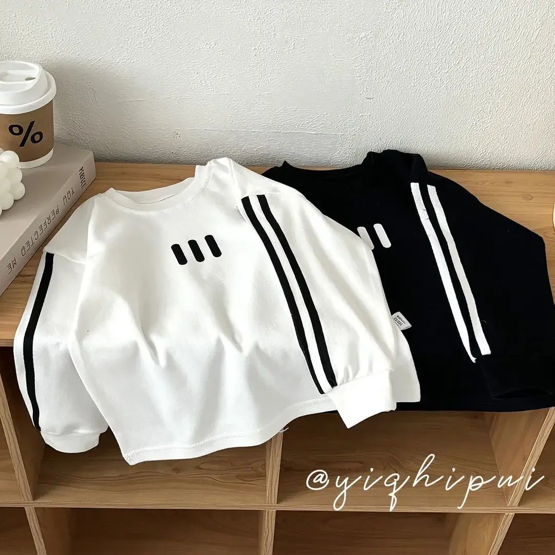 White 3 Stripe Cotton T-Shirt for Boys Spring Autumn — feature 1