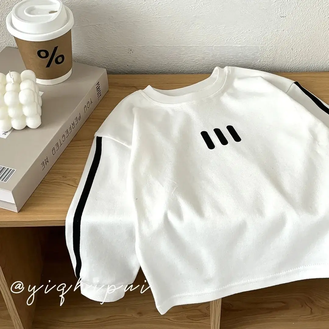White 3 Stripe Cotton T-Shirt for Boys Spring Autumn — feature 2
