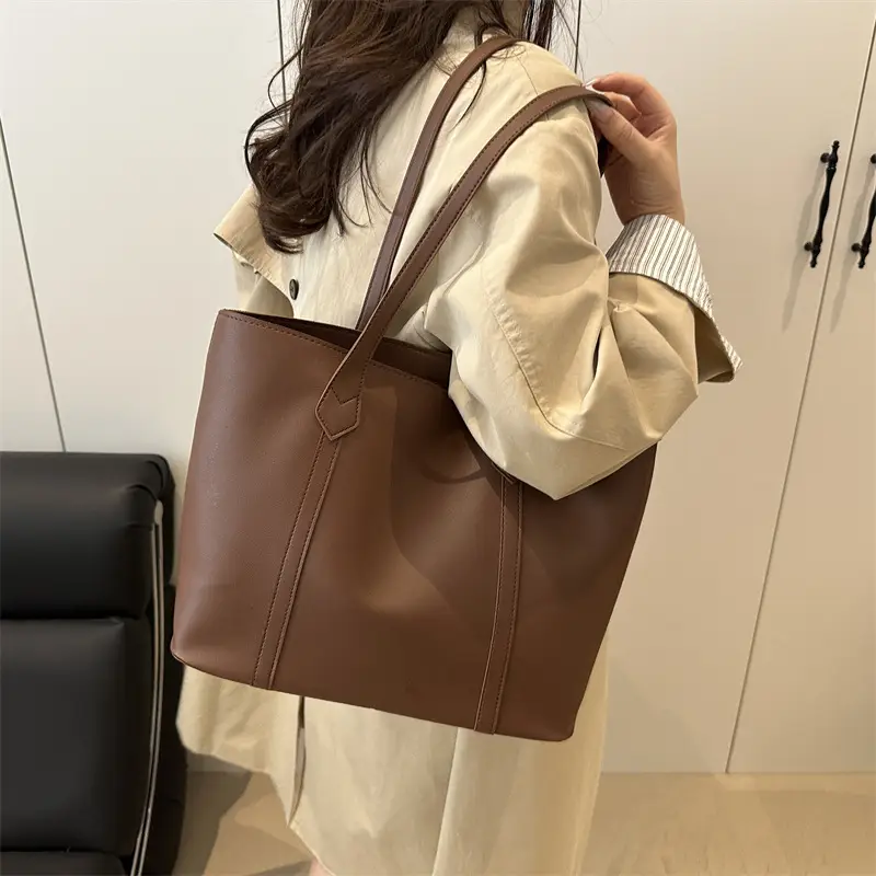 Women's Contrast Stitching Tote Bag Large Capacity Leather Goods - Image 6