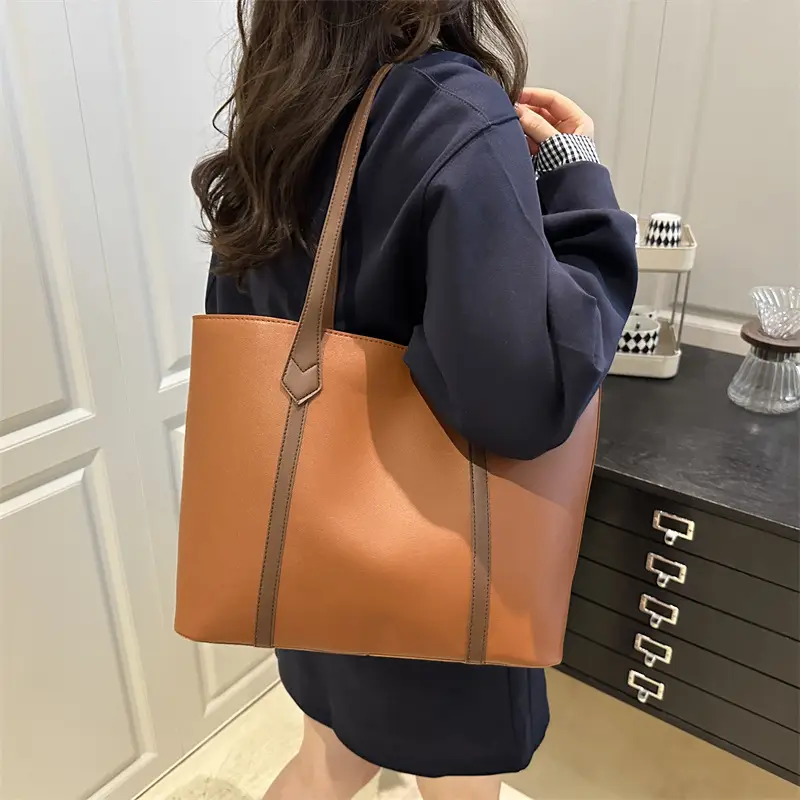Women's Contrast Stitching Tote Bag Large Capacity Leather Goods - Image 7