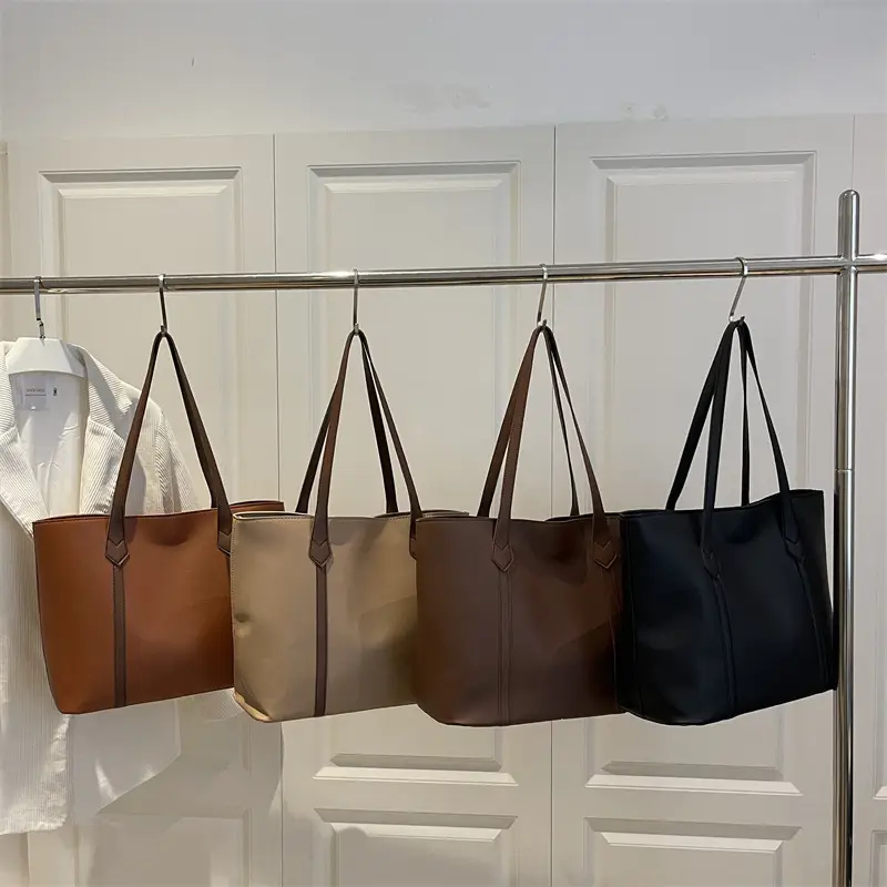 Women's Contrast Stitching Tote Bag Large Capacity Leather Goods - Image 8