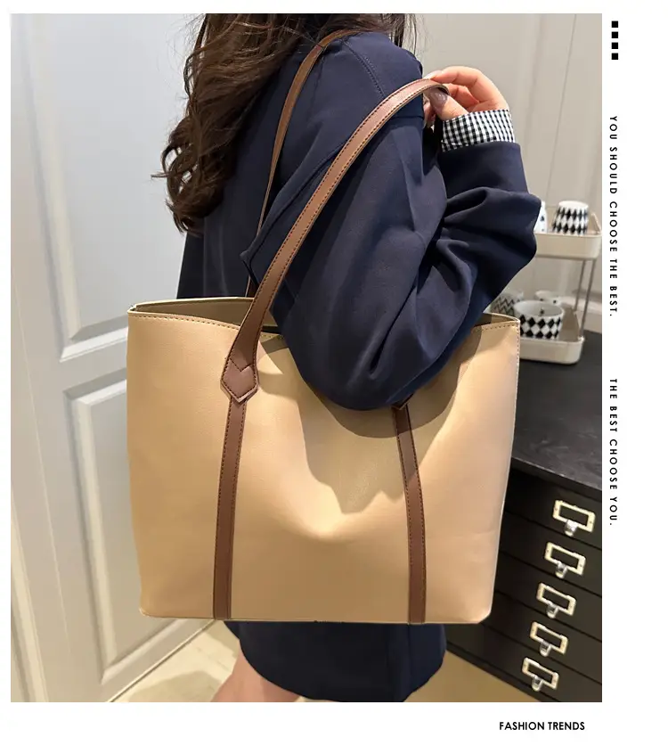 Women's Contrast Stitching Tote Bag Large Capacity Leather Goods — feature 1