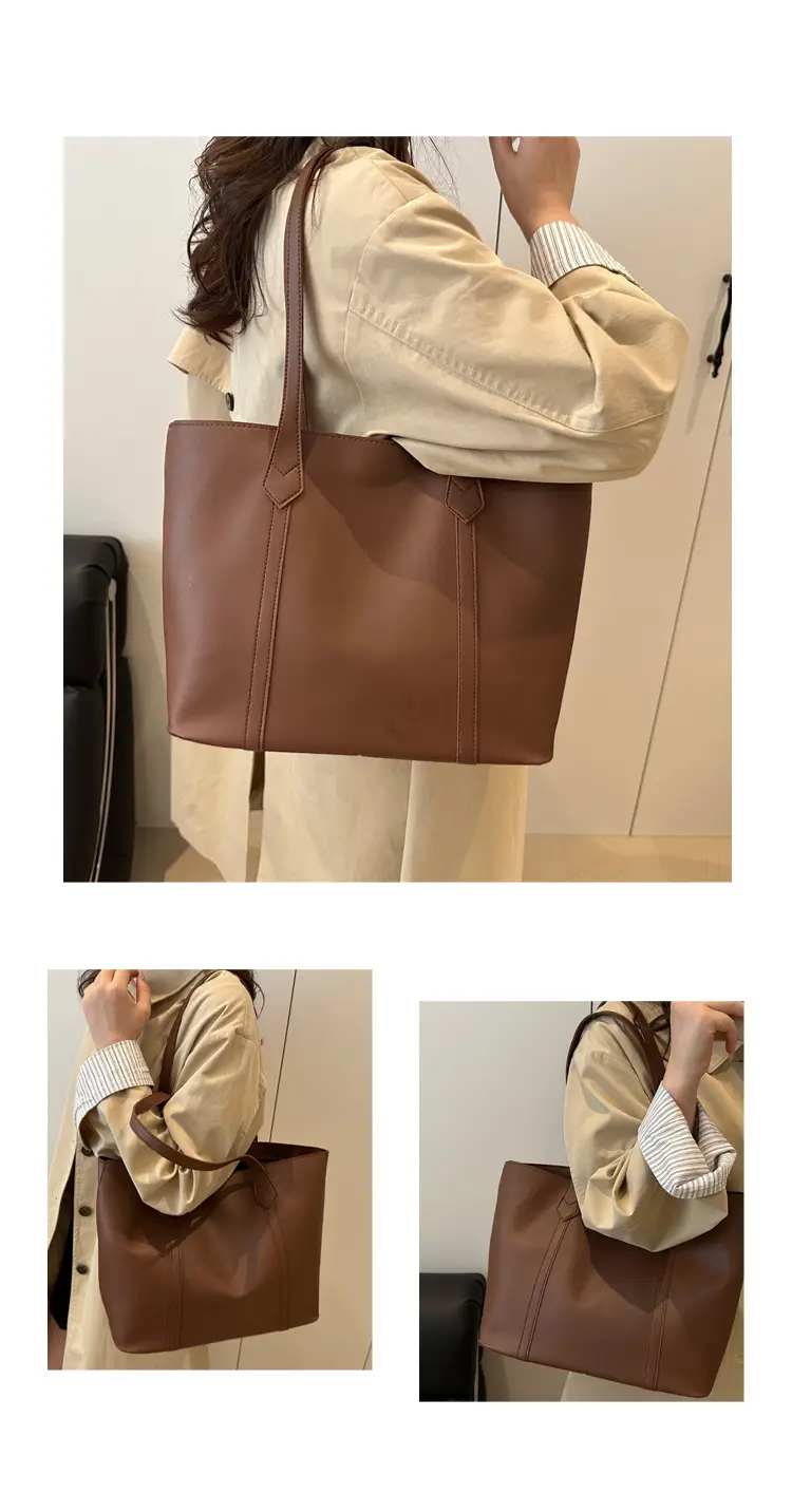 Women's Contrast Stitching Tote Bag Large Capacity Leather Goods — feature 10