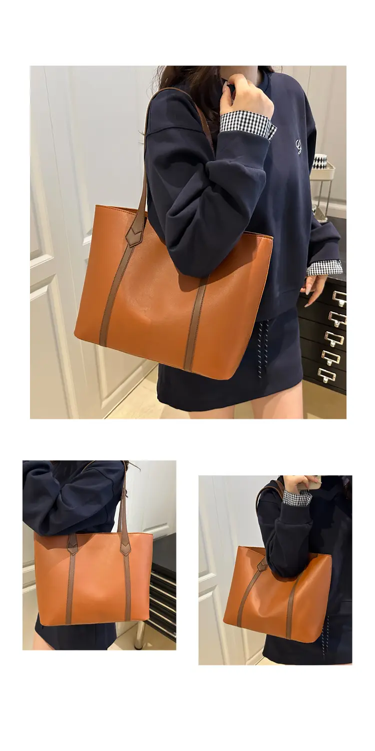 Women's Contrast Stitching Tote Bag Large Capacity Leather Goods — feature 11