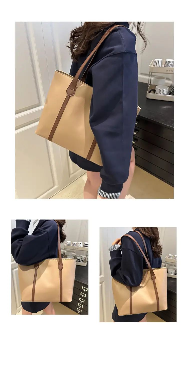 Women's Contrast Stitching Tote Bag Large Capacity Leather Goods — feature 12