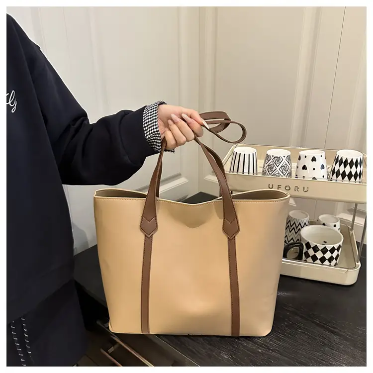 Women's Contrast Stitching Tote Bag Large Capacity Leather Goods — feature 22