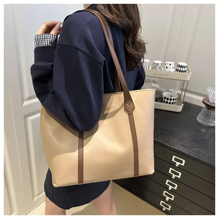 Women's Contrast Stitching Tote Bag Large Capacity Leather Goods — feature 24