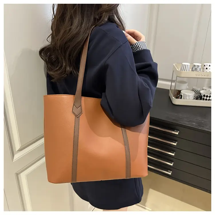 Women's Contrast Stitching Tote Bag Large Capacity Leather Goods — feature 26