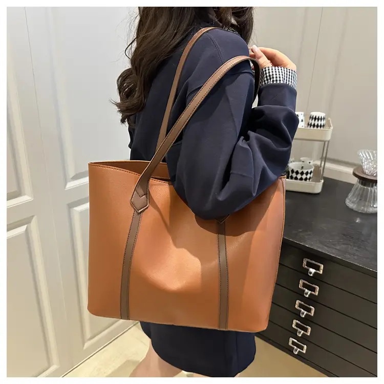 Women's Contrast Stitching Tote Bag Large Capacity Leather Goods — feature 27