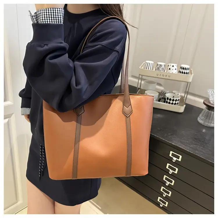 Women's Contrast Stitching Tote Bag Large Capacity Leather Goods — feature 28