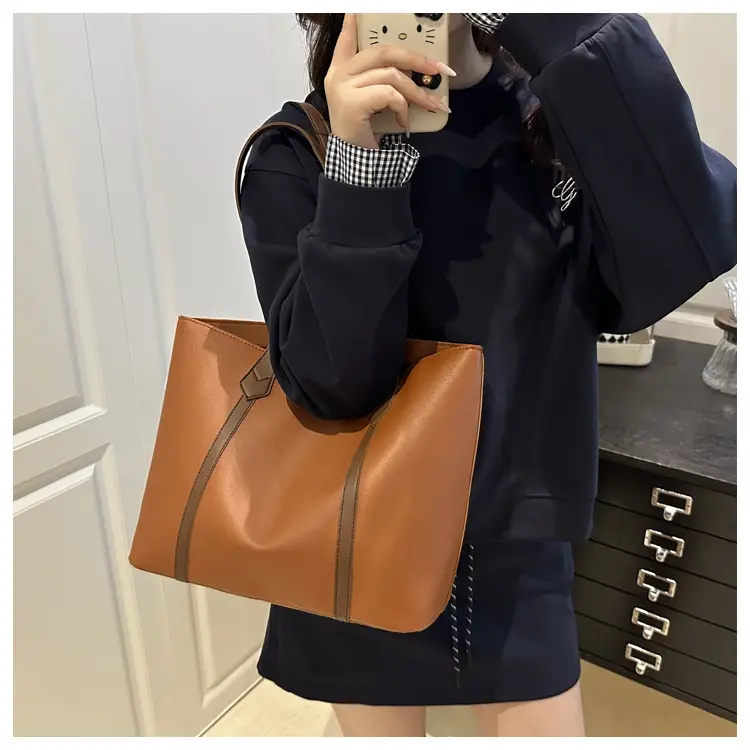 Women's Contrast Stitching Tote Bag Large Capacity Leather Goods — feature 29