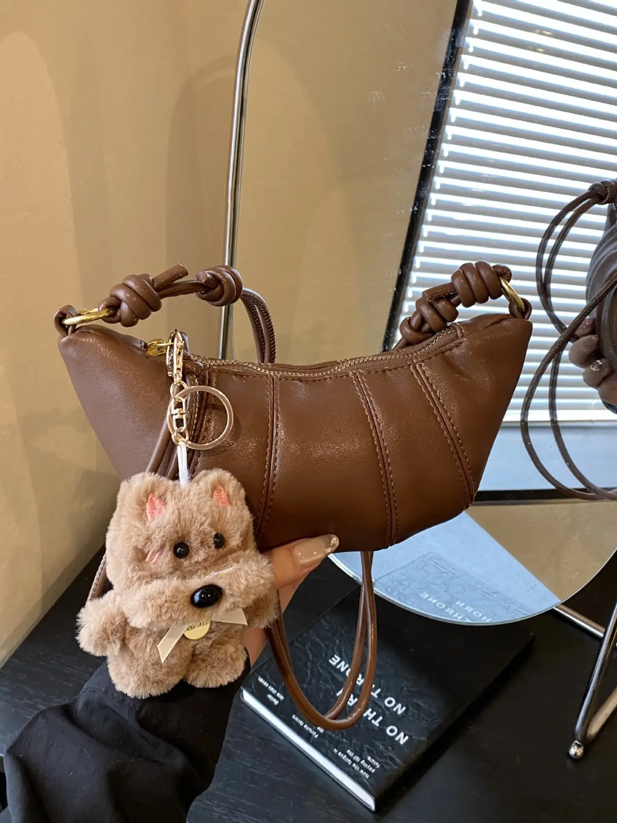 Retro Brown Crossbody Bag with Bear Charm - Image 8