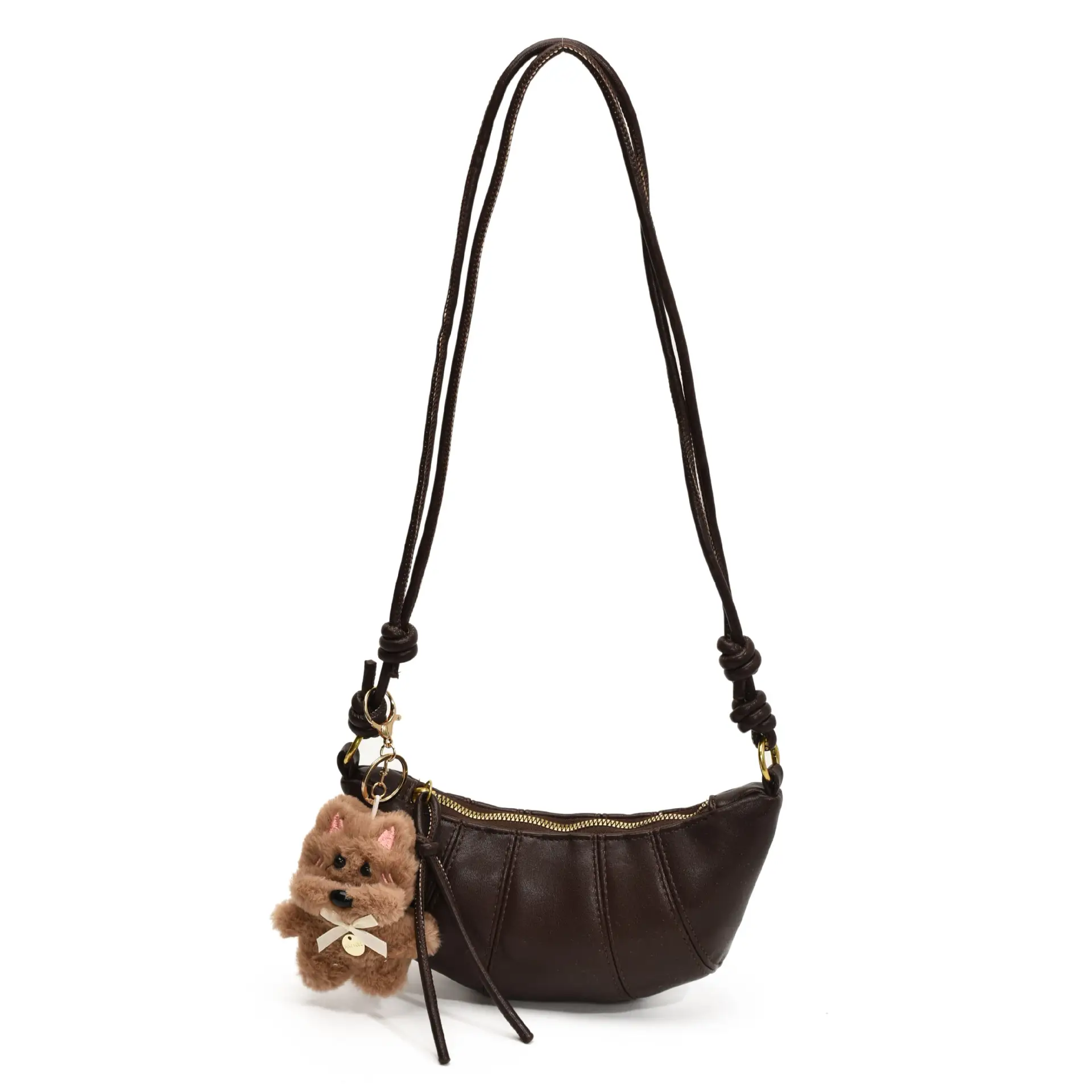 Retro Brown Crossbody Bag with Bear Charm - Image 2