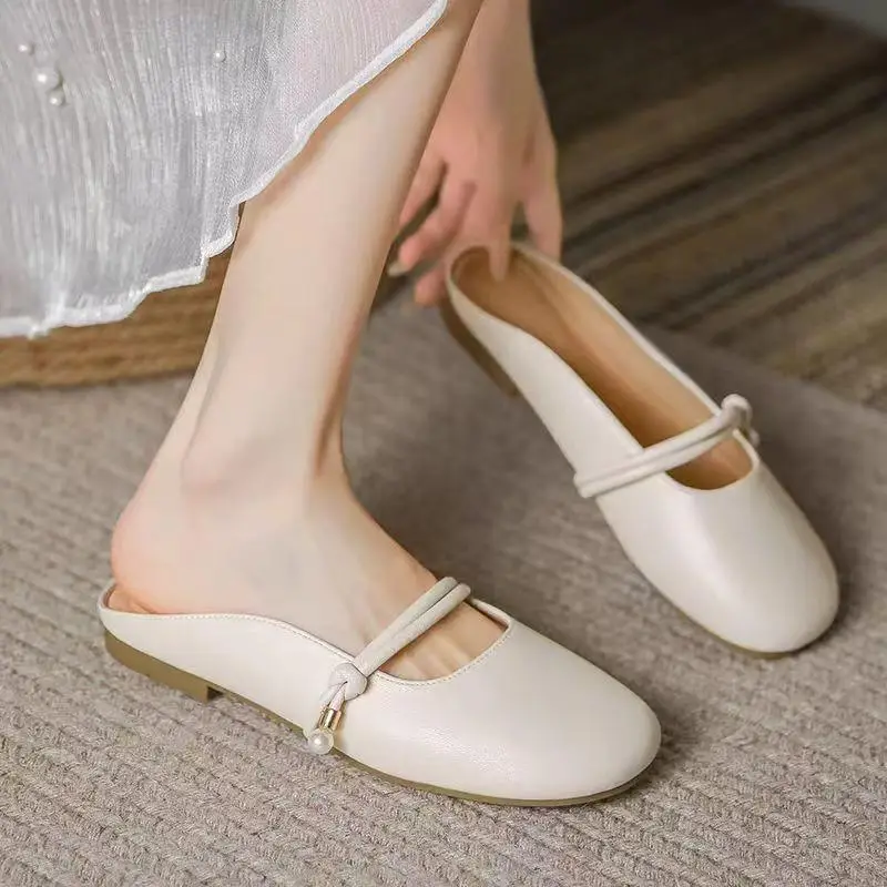 Flat-Bottomed Toe-Cap Half Slippers for Women, New Summer Pregnant Women's Lazy Shoes, Half-Cup Gentle Evening Slippers