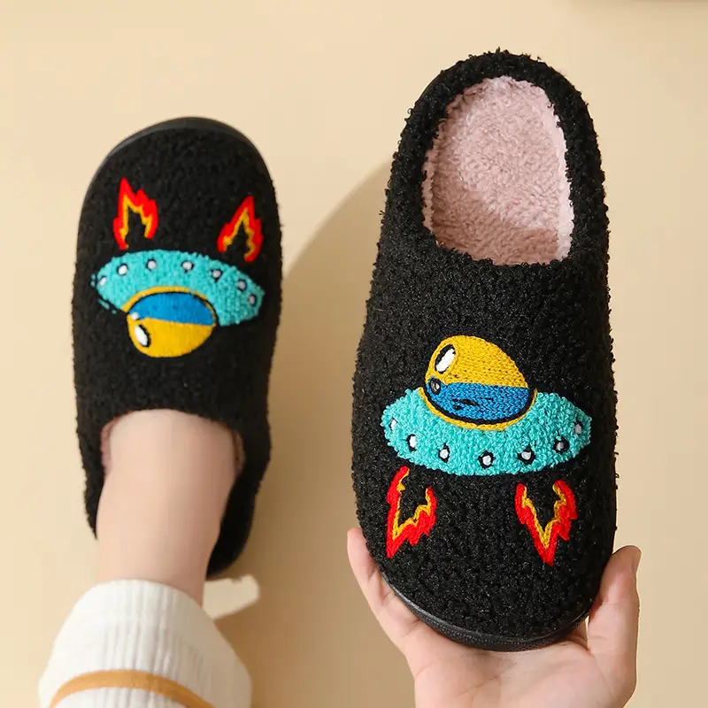 New Comfortable Home Cute Embroidered Spaceship Style Winter Cotton Slippers for Men and Women Couples Thick-Soled Warm Cotton Slippers - Image 2