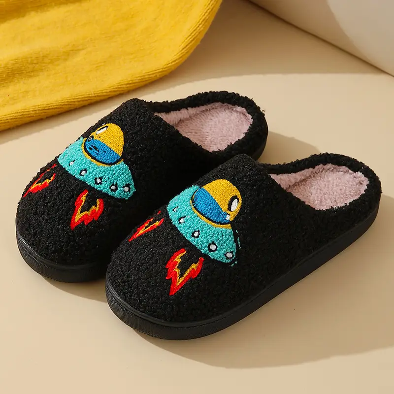 New Comfortable Home Cute Embroidered Spaceship Style Winter Cotton Slippers for Men and Women Couples Thick-Soled Warm Cotton Slippers - Image 3