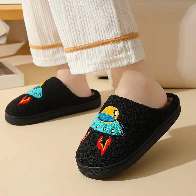 New Comfortable Home Cute Embroidered Spaceship Style Winter Cotton Slippers for Men and Women Couples Thick-Soled Warm Cotton Slippers - Image 4