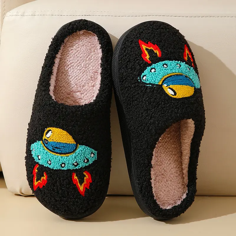 New Comfortable Home Cute Embroidered Spaceship Style Winter Cotton Slippers for Men and Women Couples Thick-Soled Warm Cotton Slippers - Image 5