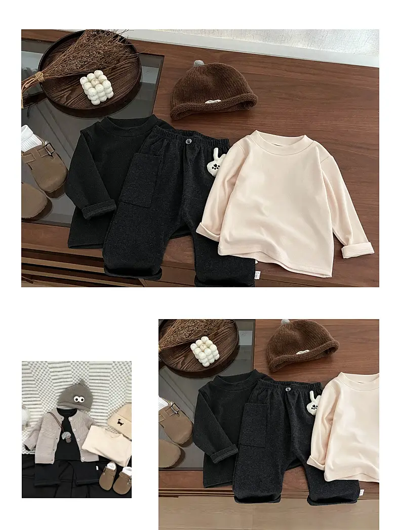 Kids Long Sleeve T-Shirt Set Black Beanie & Pants — feature 7