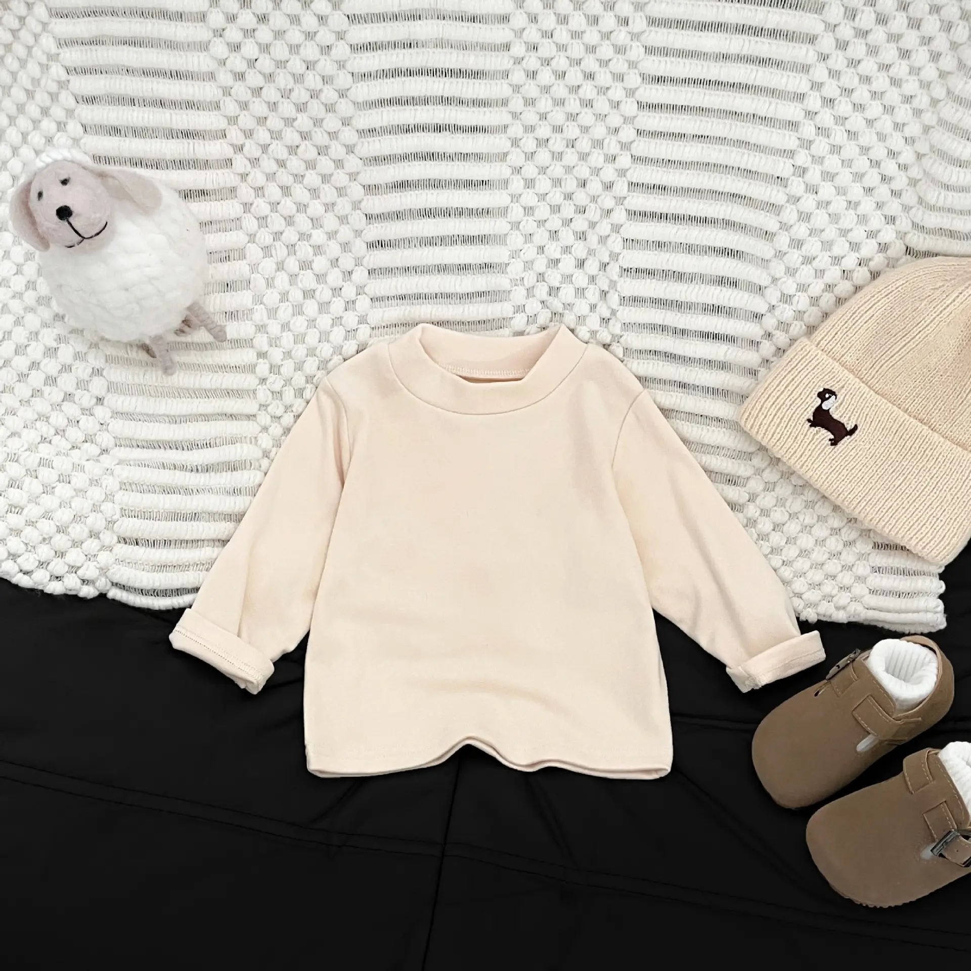 Kids Long Sleeve T-Shirt Set Black Beanie & Pants