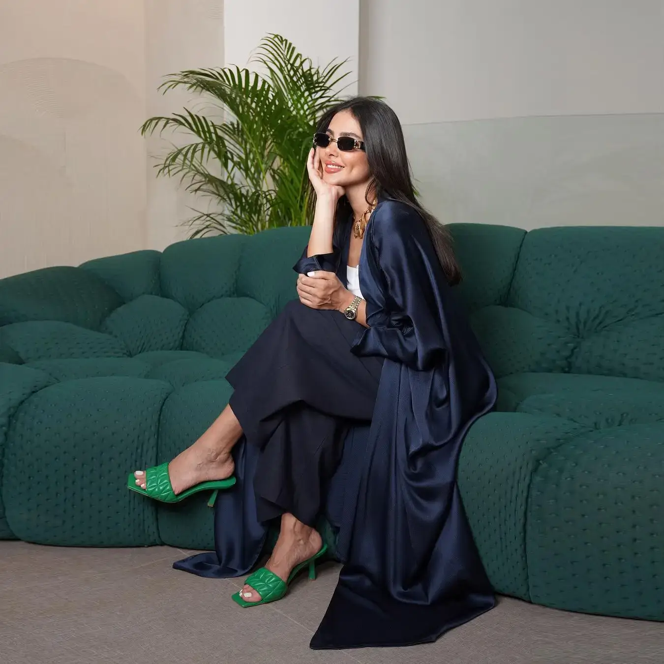 Long Women's Robe Navy Blue Glossy Comfortable - Image 5