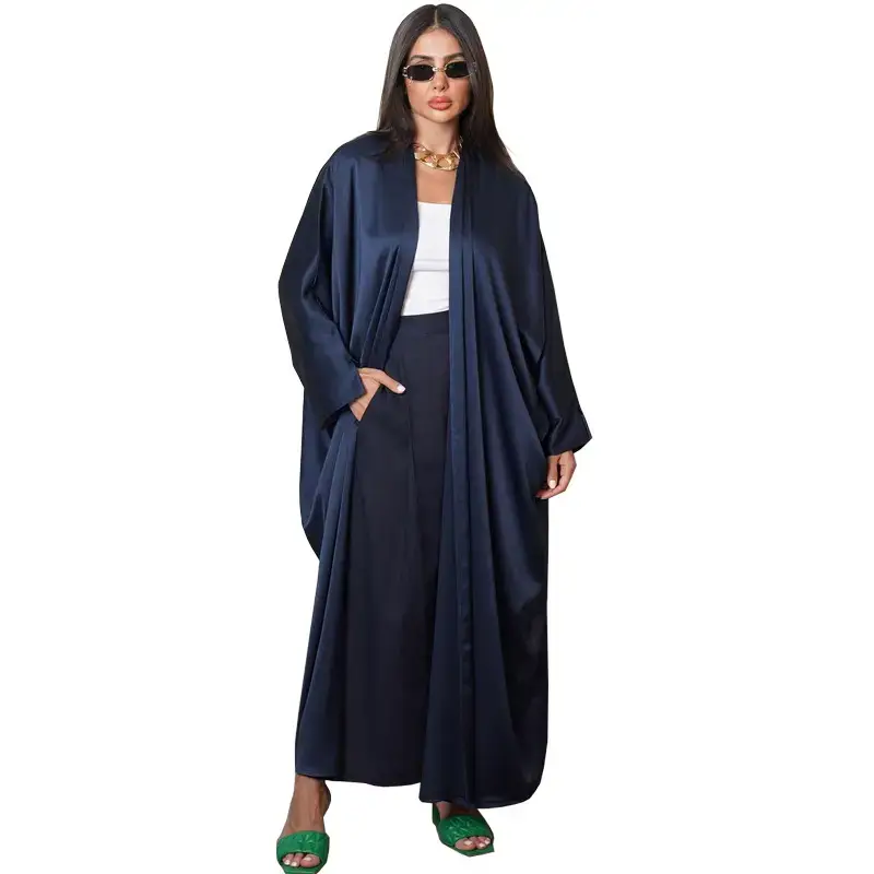 Long Women's Robe Navy Blue Glossy Comfortable - Image 6