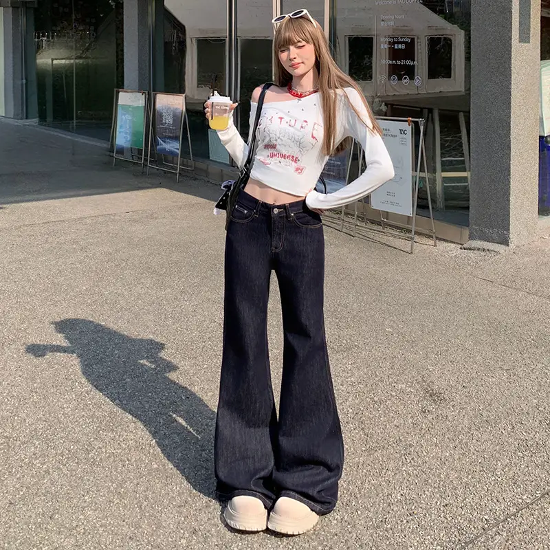 Women American High Street Bell Bottoms Dark Blue