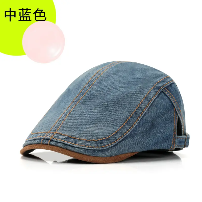 Men Women Denim Washed Beret Peaked Cap Blue - Image 2