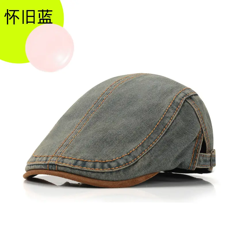Men Women Denim Washed Beret Peaked Cap Blue - Image 3