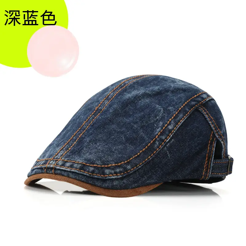 Men Women Denim Washed Beret Peaked Cap Blue - Image 4