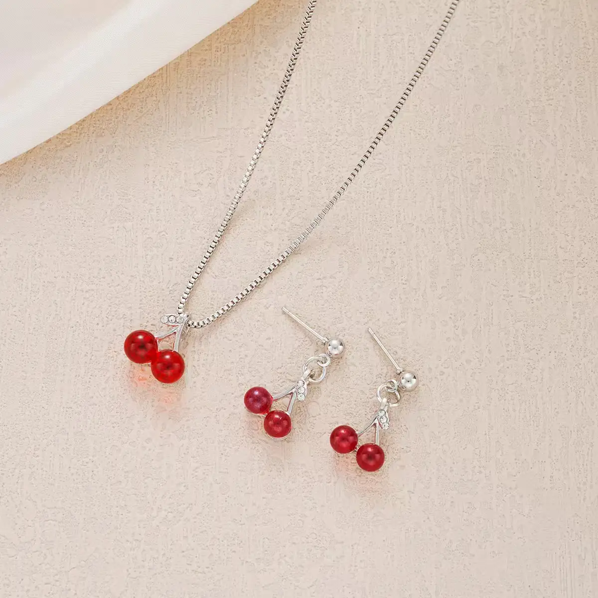 Red Cherry Pendant Earrings Set for Women