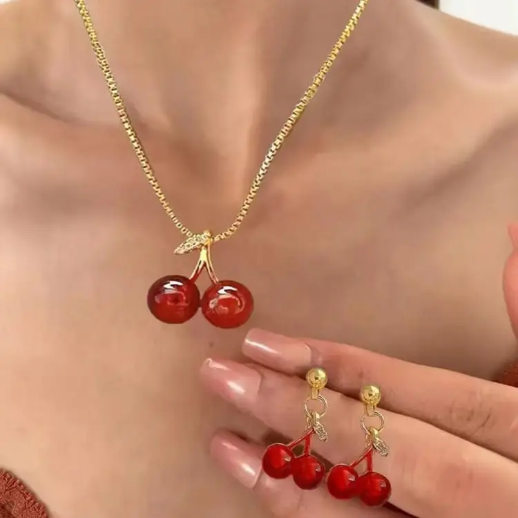 Red Cherry Pendant Earrings Set for Women — feature 6