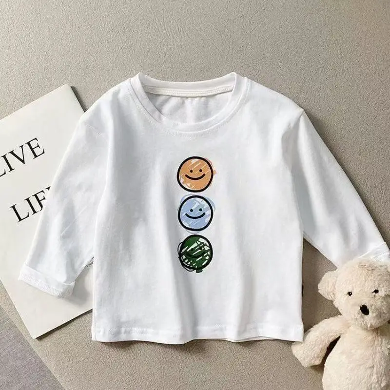 Kids Long Sleeve T-Shirt White Smiley Pure Cotton