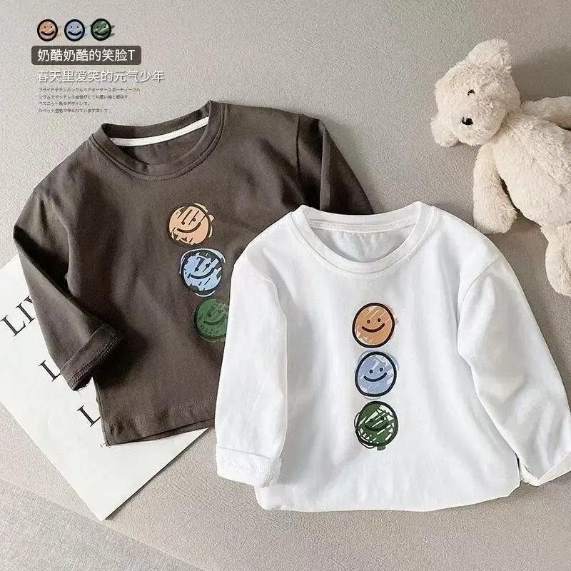 Kids Long Sleeve T-Shirt White Smiley Pure Cotton — feature 1