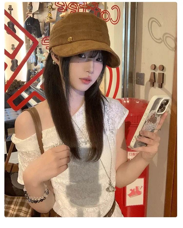Japanese Style Pleated Duckbill Hat for Women Maroon — feature 10