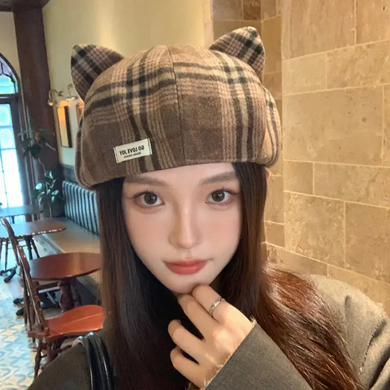 Cat Ear Beret Hat for Women Spring Autumn Cartoon Wide Bristle - Image 6