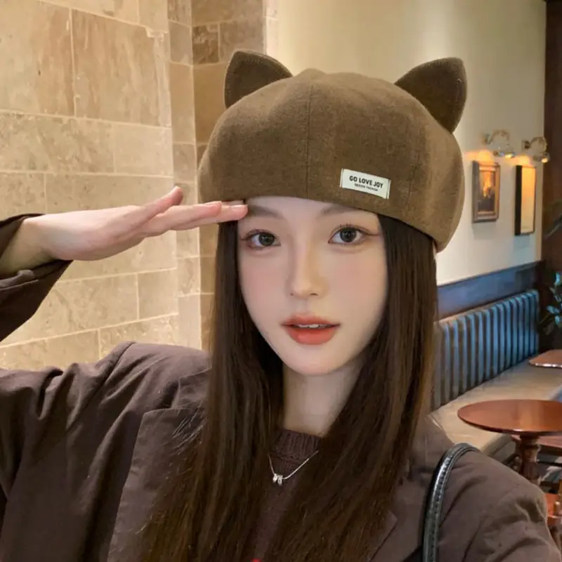 Cat Ear Beret Hat for Women Spring Autumn Cartoon Wide Bristle - Image 11