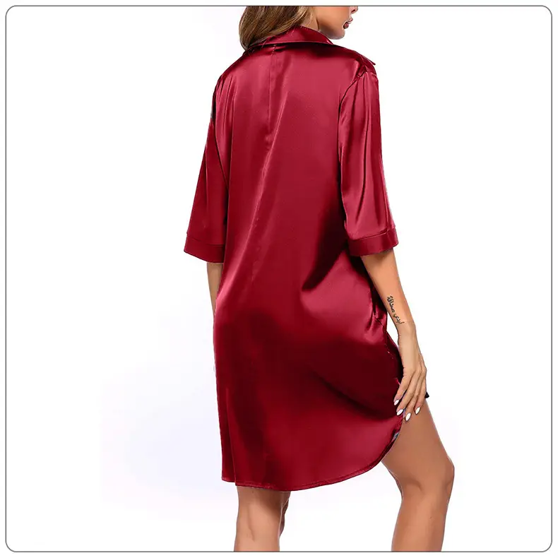 2025 Amazon Cross-Border Women's Satin Nightgown Bathrobe Solid Color Glossy Summer Thin Sexy Short-Sleeve Home Luxury Style — feature 18