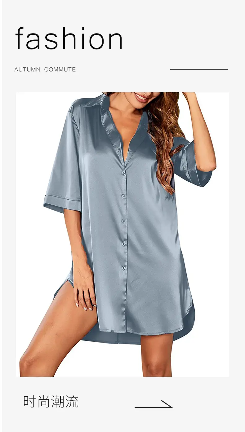 2025 Amazon Cross-Border Women's Satin Nightgown Bathrobe Solid Color Glossy Summer Thin Sexy Short-Sleeve Home Luxury Style — feature 5