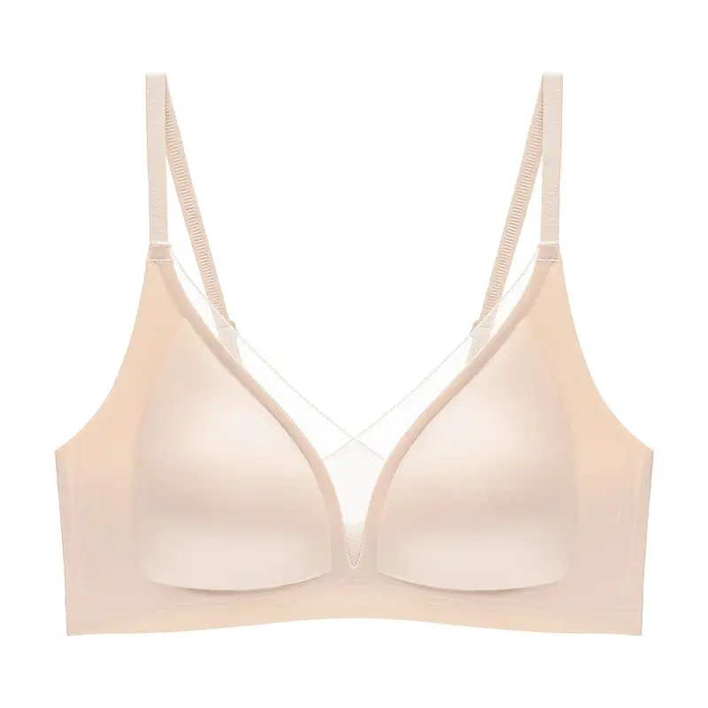 French Triangle Cup Bra, Summer Thin Satin Deep V Seamless Jelly Strip Soft Support Push-Up Breathable Soft Underwear