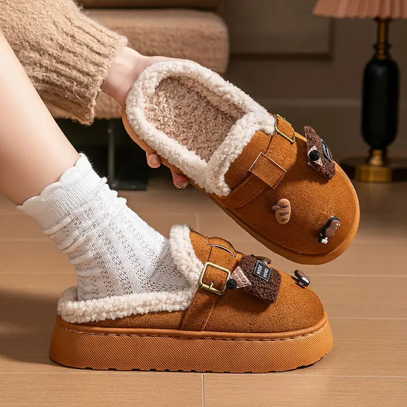 Cute Birkenstock Shoes Furry Slippers for Women to Wear Outside in Winter 2025 New Home Warm Thick-Soled Soft-Soled Non-Slip Cotton Slippers - Image 9