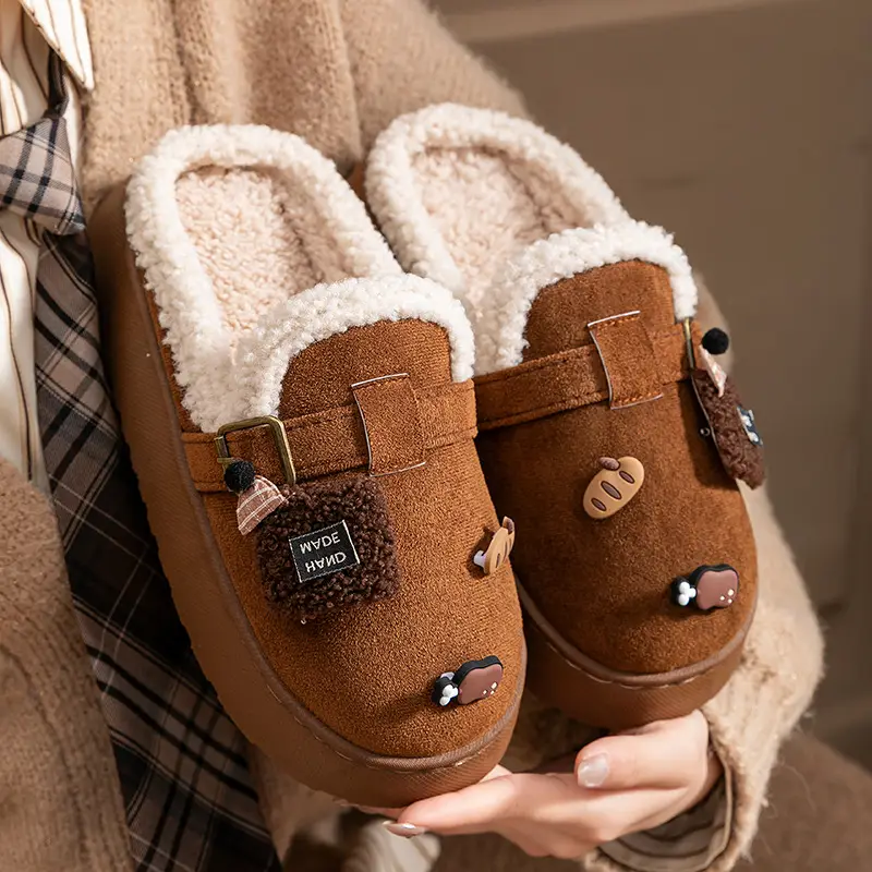 Cute Birkenstock Shoes Furry Slippers for Women to Wear Outside in Winter 2025 New Home Warm Thick-Soled Soft-Soled Non-Slip Cotton Slippers - Image 10