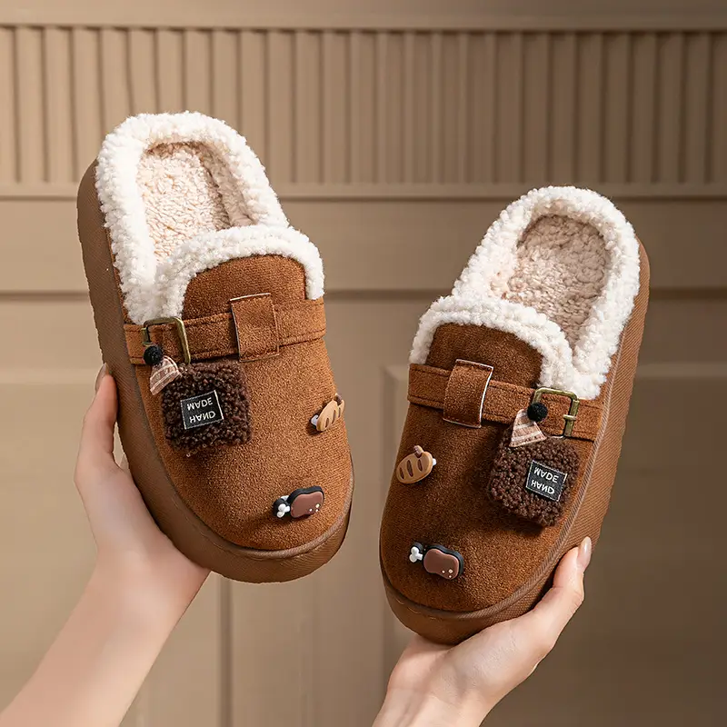 Cute Birkenstock Shoes Furry Slippers for Women to Wear Outside in Winter 2025 New Home Warm Thick-Soled Soft-Soled Non-Slip Cotton Slippers - Image 12
