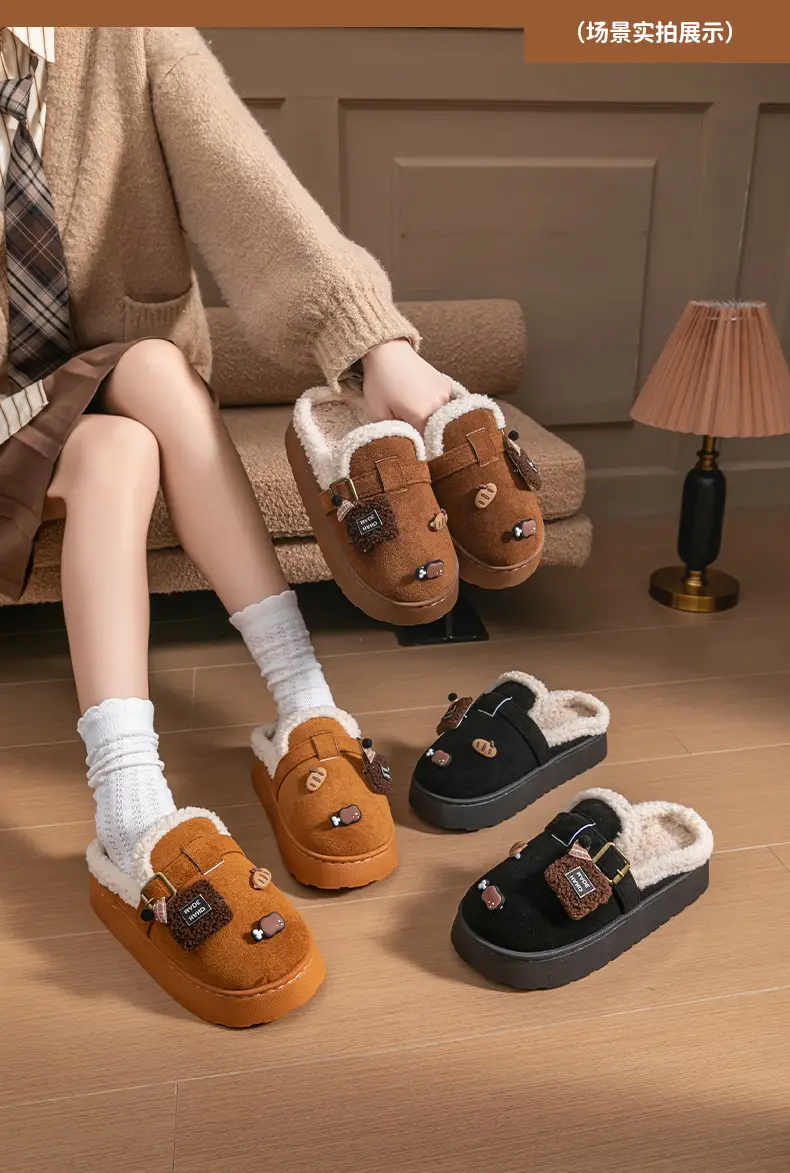 Cute Birkenstock Shoes Furry Slippers for Women to Wear Outside in Winter 2025 New Home Warm Thick-Soled Soft-Soled Non-Slip Cotton Slippers — feature 16