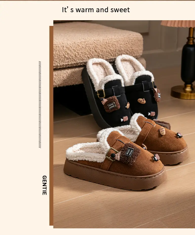 Cute Birkenstock Shoes Furry Slippers for Women to Wear Outside in Winter 2025 New Home Warm Thick-Soled Soft-Soled Non-Slip Cotton Slippers — feature 17